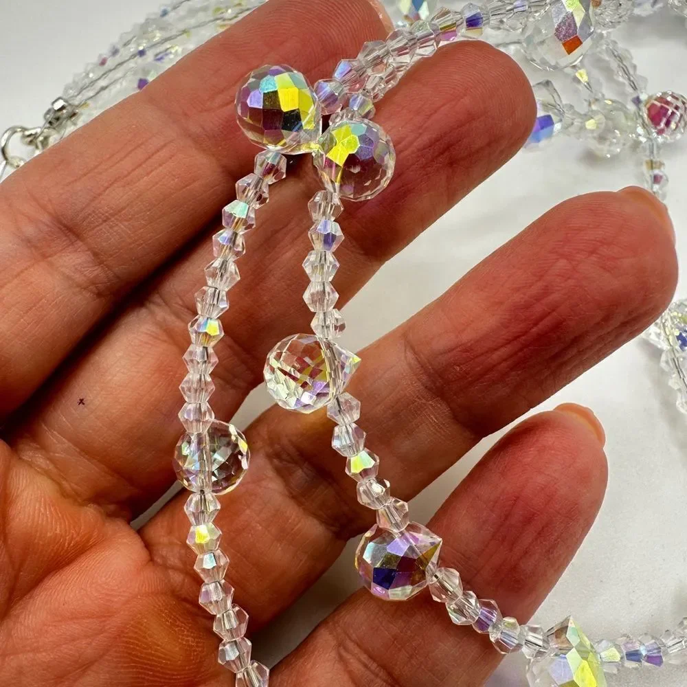 Three strands faceted glass, Aurora Borealis beaded necklace with s925 hardware!